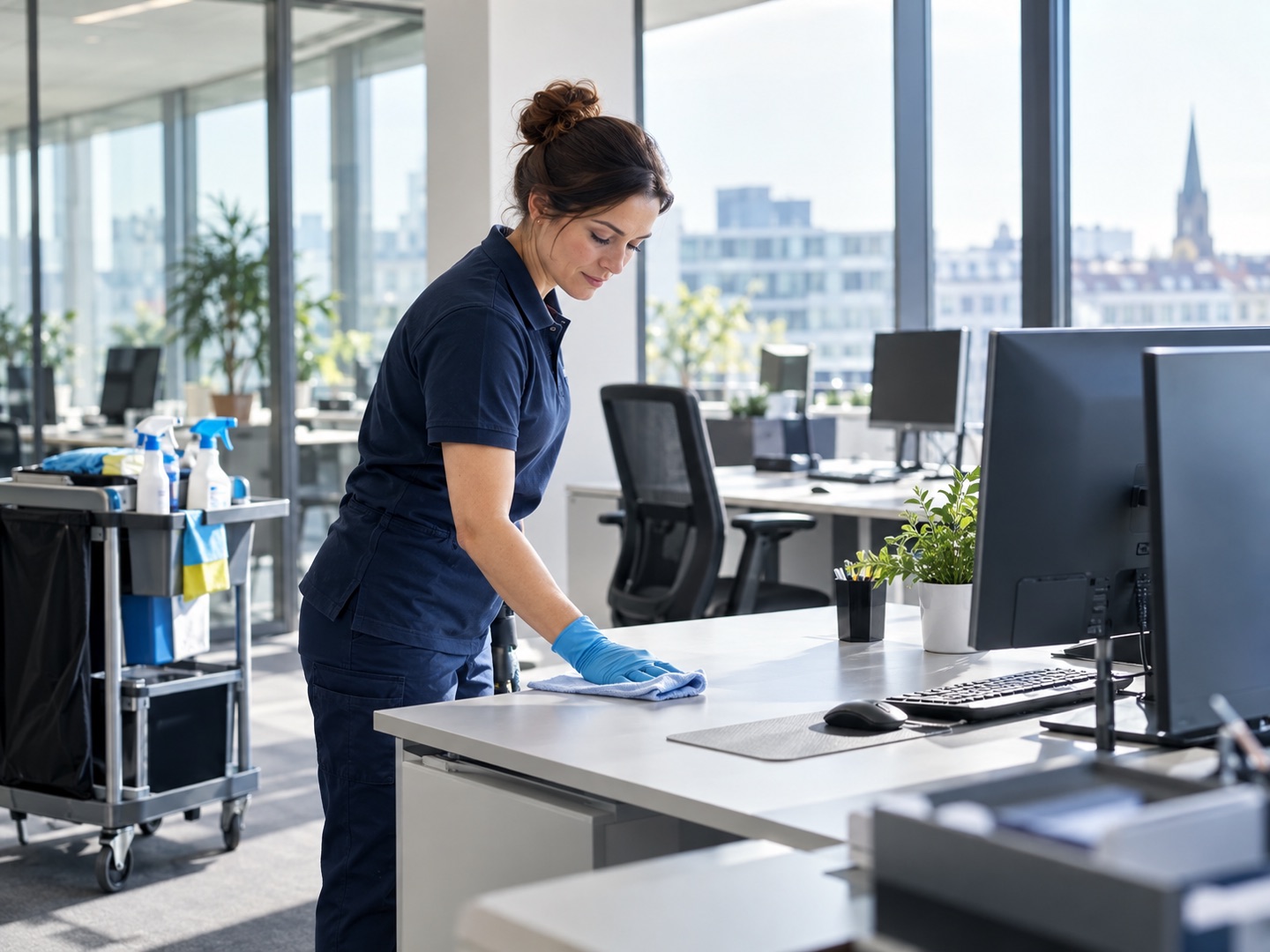 KI-generierte Darstellung der professionellen Reinigung eines modernen Büros